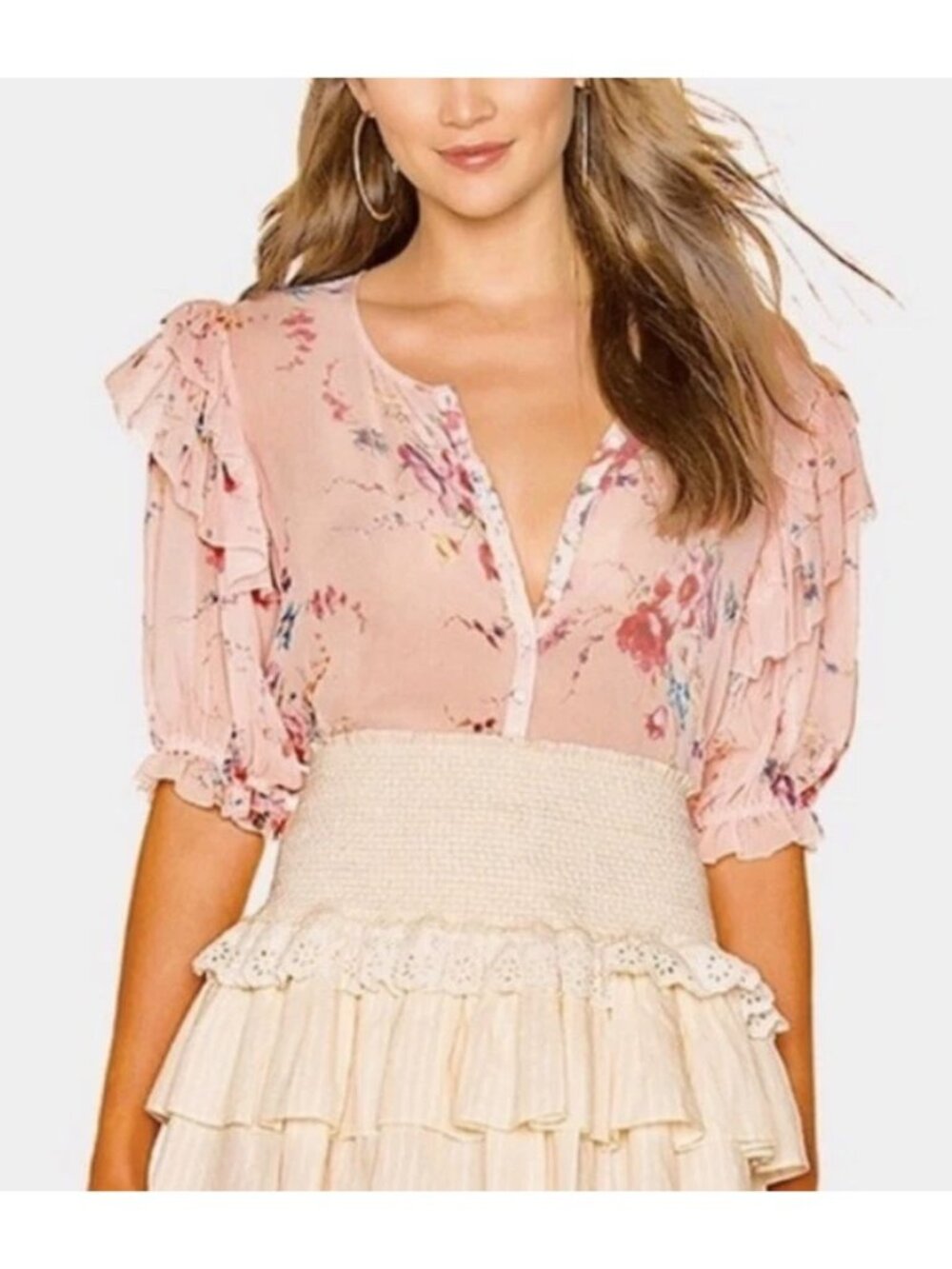 LoveShackFancy Shaye Floral Silk Top Blouse Pink Size Small